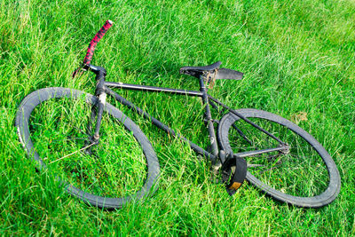 Abandoned bicycle on grassy field