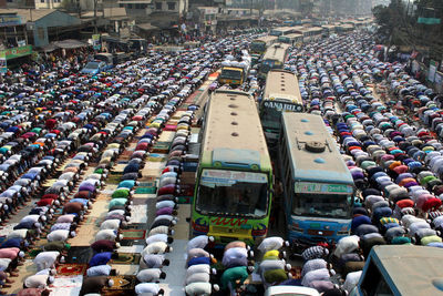 High angle view of crowd on city street