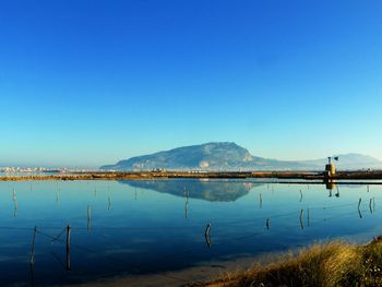 Scenic view of lake against clear blue sky