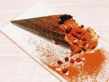 High angle view of dessert in plate on table