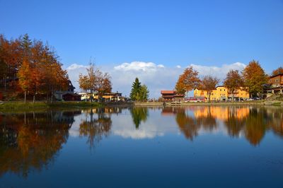 Scenic view of lake by buildings against blue sky