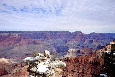 Aerial view of rock formations against cloudy sky