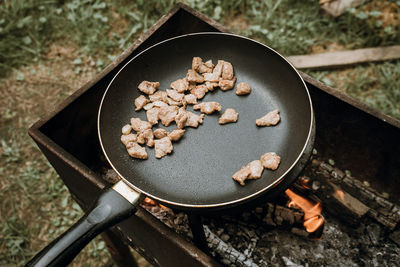 High angle view of food on barbecue grill