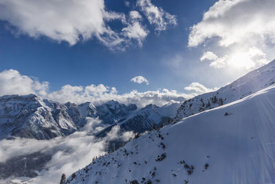 Scenic view of snowcapped mountains against sky