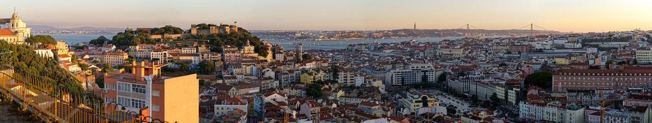 High angle view of cityscape against sky during sunset