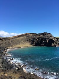 Scenic view of sea against clear blue sky