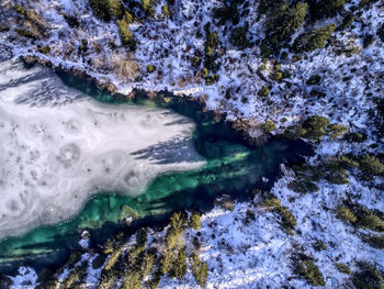 High angle view of lake by snow covered forest during winter