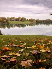 Scenic view of lake against sky during autumn