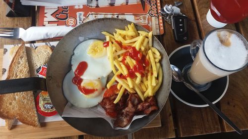 High angle view of food served on table