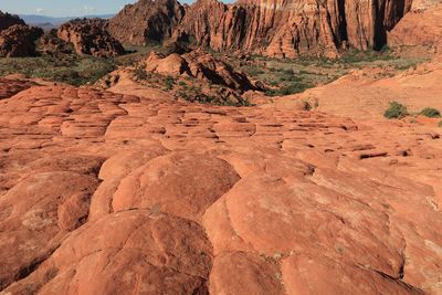 High and low angle landscape of red rock formations in snow canyon state park in utah