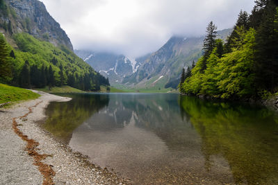 Scenic view of lake by mountains against sky