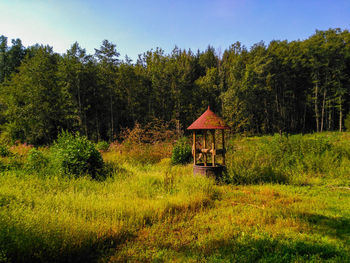Built structure in forest against sky