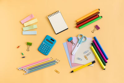 High angle view of colored pencils on table