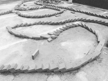 High angle view of dominos arranged on floor