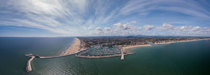 Panoramic view of rimini, its sea, its beaches and its port on the romagna riviera in post-pandemic 