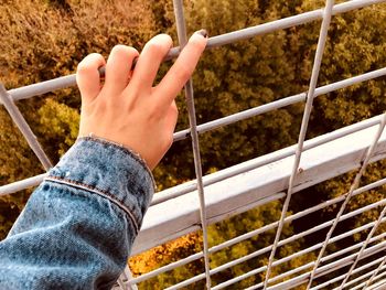 Close-up of hand holding railing by fence