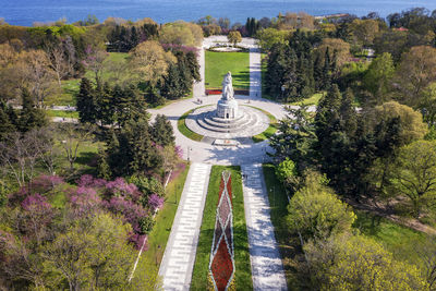 Aerial view of the decorated sea garden and the pantheon of the fallen of the wars