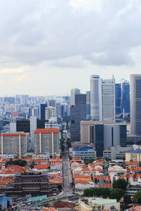 High angle view of buildings in city against sky