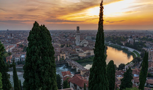 High angle view of buildings in city during sunset