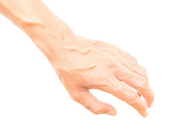 Midsection of woman hand with hands against white background