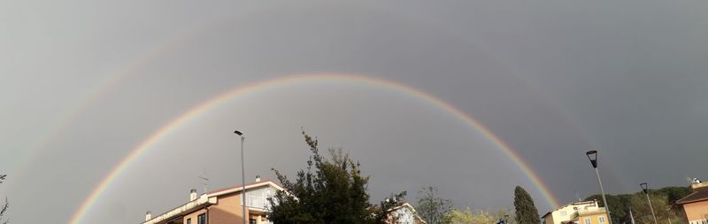 Low angle view of rainbow over trees against sky