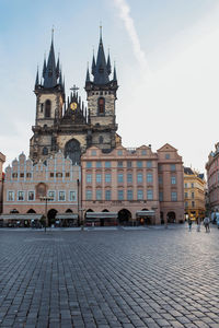 Low angle view of prague old town square early morning