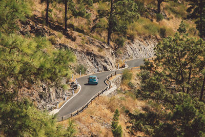 High angle view of winding road amidst trees