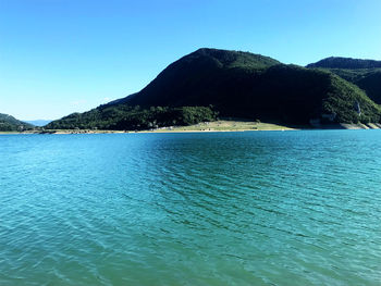 Scenic view of sea against clear blue sky