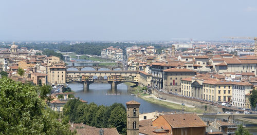 High angle view of river amidst buildings in city against sky