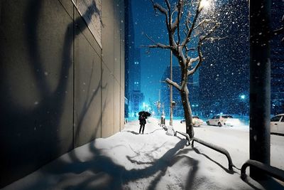 Shadow of person on snow covered field