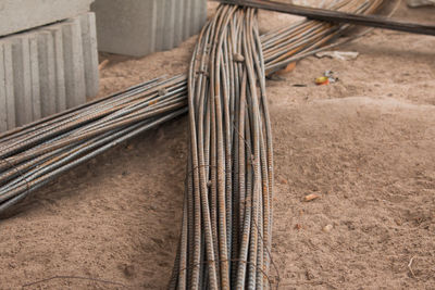 High angle view of rebars at construction site