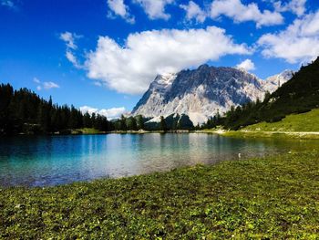 Scenic view of lake against cloudy sky