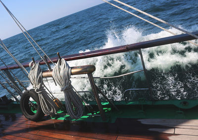 Close-up of boat in sea against clear sky