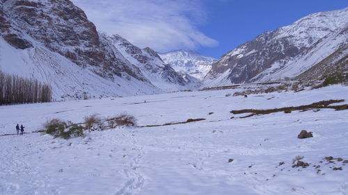 Scenic view of snow covered mountains against sky