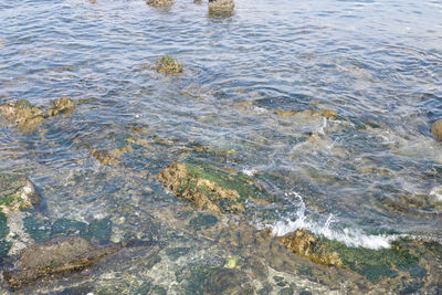 High angle view of rocks in sea
