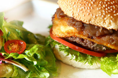 Close-up of burger in plate