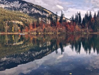 Reflection of trees in lake against sky