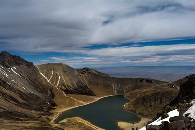 Scenic view of lake and mountains against sky