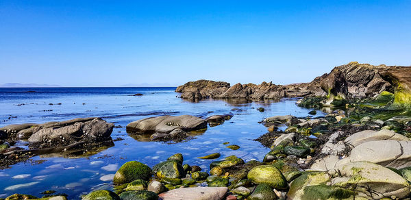 Scenic view of sea against clear blue sky