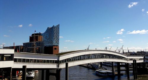 Bridge over river by buildings against sky in city