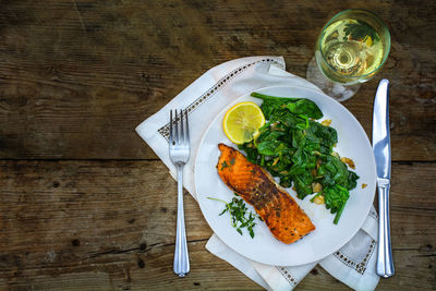 High angle view of salad in bowl on table