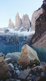 Scenic view of rocky mountains against clear sky