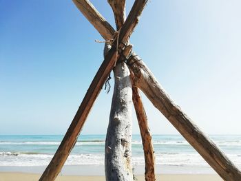 Wooden posts on beach against clear sky