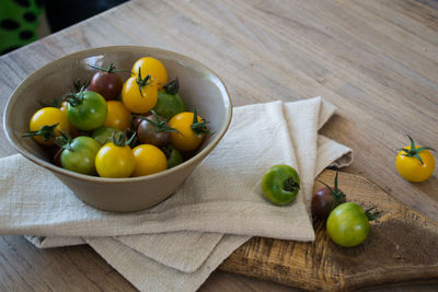 High angle view of cherry tomatoes on table