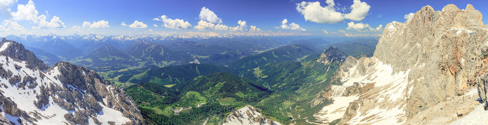 Panoramic view of snowcapped mountains against sky