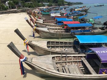 High angle view of fishing boats moored on beach