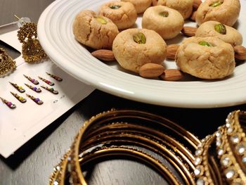 High angle view of cookies in plate on table