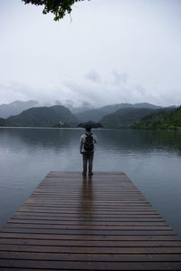 Rear view of woman standing on lake against sky