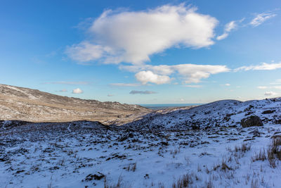 Scenic view of snowcapped mountains against sky