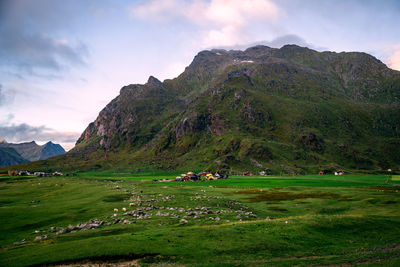 View on the unstad village and mountains, lofoten, norway